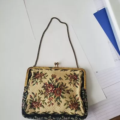 Vintage Floral Tapestry Handbag Goldtone Clasp Rope Handle  Germany • $5