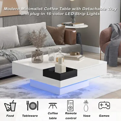 $256.49 • Buy White Square Coffee Table With LED Light Detachable Tray And Plug-in 16-Color