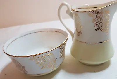 Phoenix China T.F&S Ltd Sugar Bowl & Milk Jug White/Yellow Gold Flower & Leaves • £6