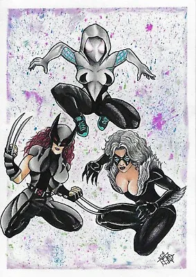 SPIDER-GWEN X-23 BLACK CAT 8x12 ORIGINAL ART DRAWING PINUP PAGE SKETCH SPIDERMAN • $149.99