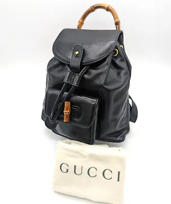 Gucci Bamboo Mini Backpack Drawstring Bag Leather Black Vintage Auth #215 • $341.09