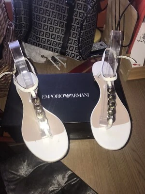 £39.99 • Buy Beautiful Genuine Emporio Armani White Gold Disc Leather Thong Shoes Boxed Uk 5