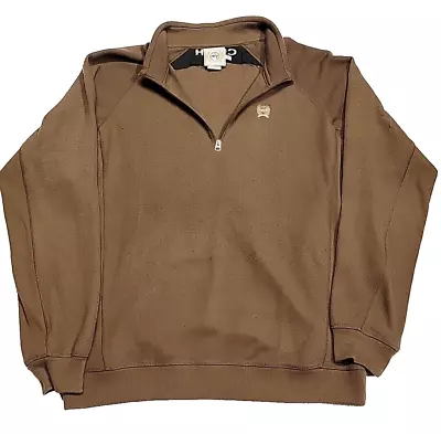 Vintage Cinch 1/4 Zipper Mock Neck Embroidered Spell Out Brown Sweatshirt Men XL • $28