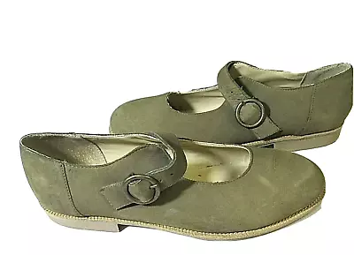 ELLEMENNO 'Maggie' Olive Green Nubuck Leather Mary Jane Slip On Flats 8M* • $12