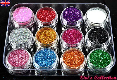 12 Colours Glitter Dust Powder Pots Set Nail Art Tips Decoration / Crafts / DIY • £4.59