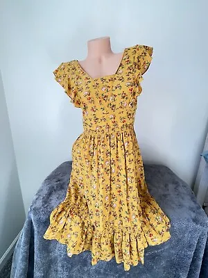 Matilda Jane Sun Dress S Small Yellow Ditsy Floral Flutter Sleeve Tiered V Neck • $25