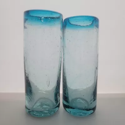 Pair Mexican Highball Glasses Aqua Blue Rim Thick Heavy Glass • $12.99