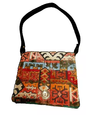 Vintage TAPESTRY VELVET CHENILLE Purse CARPET HANDBAG 70's Retro • $49