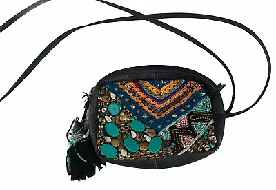 Ecote Black Beaded Southwestern Faux Turquoise Crossbody / Wristlet / Clutch Bag • $8.88