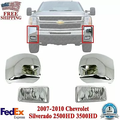 Front Bumper Chrome End Caps + Fog Lights For 07-10 Chevy Silverado 2500HD 3500 • $201.54