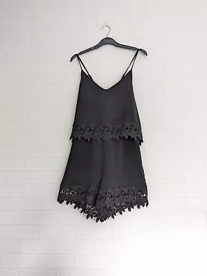 Luc-ce Black Playsuit Size M Lace Trim Smart Stylish • £6.99