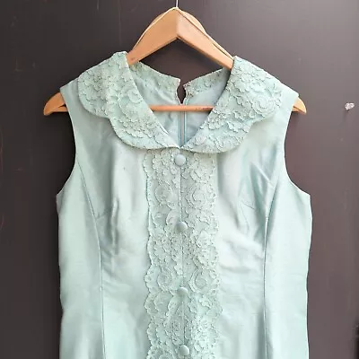 Vintage MCM Peter Pan Collar Sleeveless Shift Dress 10 Mint Green Mod Lace • $45