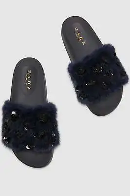 $39 • Buy ZARA FAUX FUR SLIDES  NAVY BLUE SZ 6 Eu 36 NEW Slipper Shoes Holiday