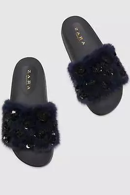 ZARA FAUX FUR SLIDES  NAVY BLUE SZ 6 Eu 36 NEW Slipper Shoes Holiday • $39