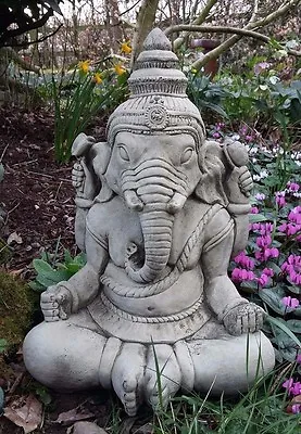 Stone Garden Large Meditating Ganesh Elephant God Praying Buddha Statue Ornament • £39.50