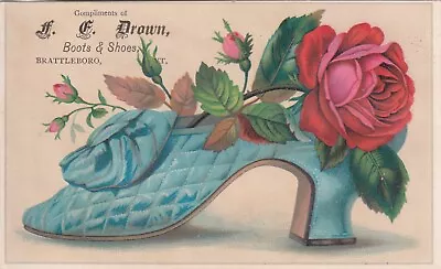 F E Brown Boots & Shoes Brattleboro Vermont Rose Blue Shoe Vict Card C1880s • $7.45