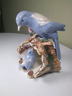 Vintage 2 Blue Birds Mom Bird Feeding Baby On Log Figurine 7  Tall X 4  Wide • $49.99