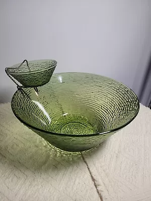Vintage Green Glass Chip And Dip Serving Set - Large Chip Bowl W/ Small Dip Bowl • $10