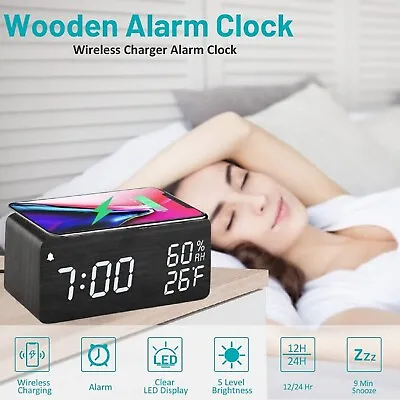 Wireless Wooden LED Digital Alarm Clock With Charging Pad Bedroom Bedside AU • $38.99