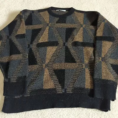 Vintage Jantzen Sweater Mens Large Multicolored Geometric Crew USA 80s Knit  * • $36