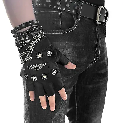 Mens Leather Gloves Motorcycle Steampunk  Fingerless Gloves With Chain Bracelet • $19.90