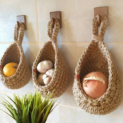 Woven Storage Baskets Jute Rope Wall Hanging Pouch Vegetable Fruit Home Decor • $11.87