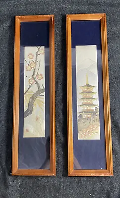 Japanese Embossed Metal Art PAIR Pagoda + Cherry Blossom SILVER Vintage MCM • $49