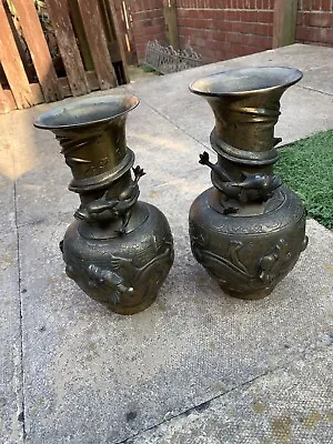 £350 • Buy Pair Of Antique Beautiful Bronze Chinese Vases With Dragons.