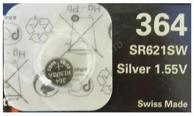 364 SR621SW | RENATA Swiss | Silver Oxide Watch Battery |1.55v | 1 X Single Pack • £1.60