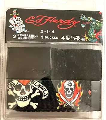 Ed Hardy - 2 Reversible Belts Blue Charcoal/Black Buckle 4 Designs Skulls - NEW • $14.49