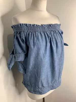 J. Crew Chambray Off Shoulder Blouse Top US 4 UK 10 VGC Blue Denim Ruffle • $20.96