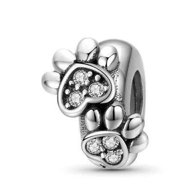 S925 Sterling Silver Hearts And Paw Print Spacer Charm For Bracelets • £7.92