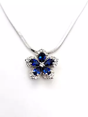 Blue Lab-Created Sapphire & Round White Lab-Created Sapphire Flower Necklace • $20.99