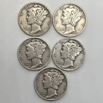 1939 Mercury Dimes - Lot Of 5 - Full Dates - No Mint Marks - Exact Dimes Shown • $13.69