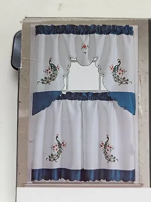 3 Pc. Embroidery Curtains Set: 2 Tiers & Swag (60  X 36 ) PEACOCK  Blue • $22