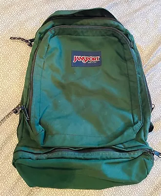 Vintage Jansport Backpack Green 3 Pocket Leather Handle Top Made In The Usa • $36