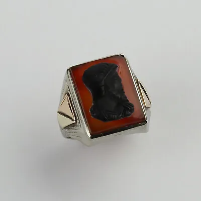 Vintage 10k White/Yellow Gold Sard Mens Intaglio Cameo Pinky Ring Size 6.75 • $249