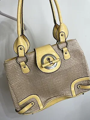 $18.74 • Buy Linear Wicker Straw Purse Yellow Gator Pattern Handbag Satchel Front Buckle