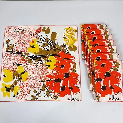 Vintage Vera Neumann Linen Napkins Orange Yellow Flowers Floral MCM Set Of 8 • $109.99