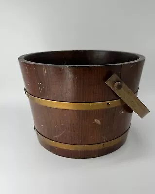 Vtg Primitive Wooden Firkin/Bucket W/ Wood Handle & Brass Bands • $21