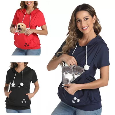 Women Sweatshirt Pullover Girl Cute Hoodie With Cat Ear Pouch Pet Carrier • £14.72