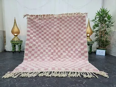 Moroccan Handmade Beni Ourain Rug 5'1 X6' Berber Checkered Pink White Carpet • $384