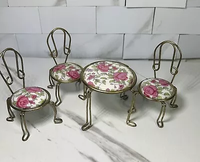 Dollhouse Miniature Bistro Table And 3 Chairs Metal And Ceramic Roses Pattern • $15