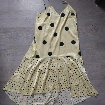Yellow Polka Dot Satin Dress Size 14 Drop Waist Flapper Style • £5