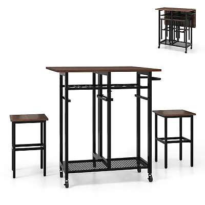 Extendable 3-Piece Dining Table Set Rolling Dining Room Table With 2 Stools • $119.95