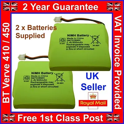 £5.95 • Buy 2 X New BT Verve 410 450 Twin Rechargeable Phone Batteries NiMH 2.4v 600mah UK