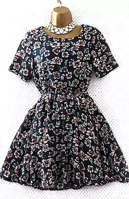 MAX C LONDON Green Floral Skater Dress Sz S Short Sleeves Lined Summer Occasion • £12.98