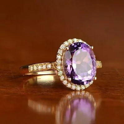 Real Moissanite 2CT Oval Cut Purple Amethyst 14K Yellow Gold Plated Women's Ring • $141.94