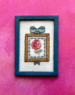 1:12 Scale Miniature Handmade Needlepoint Picture Of A Rose With Blue Bow • $29.40