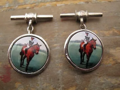 Lovely 925 Solid Silver Cufflinks With Horse Racing Grand National Enamel Panel • £59